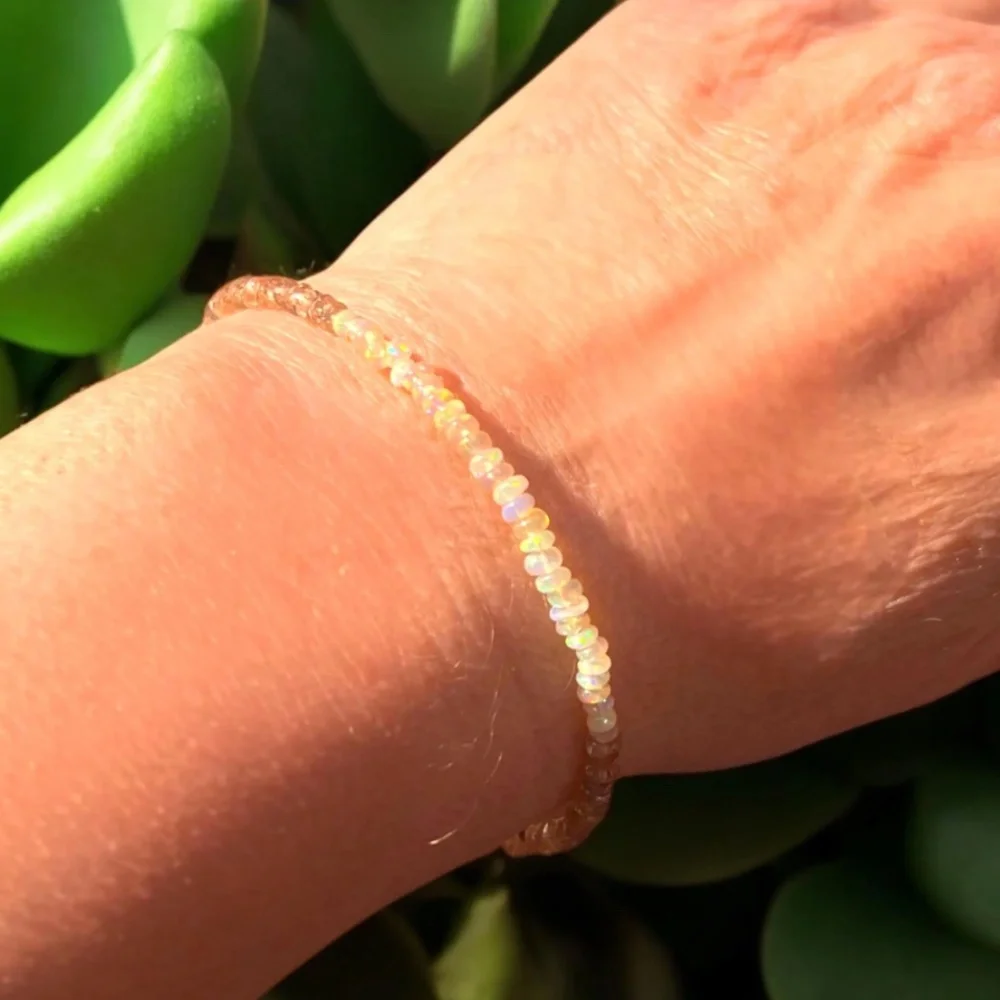Natural Opal | Green Champagne Sapphire Bracelet Handmade Solid 14K Yellow Gold - Picture 4 of 5